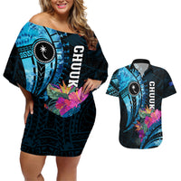 Personalised FSM Chuuk State Couples Matching Off Shoulder Short Dress and Hawaiian Shirt Tropical Flowers Tribal Pattern LT05 Blue - Polynesian Pride