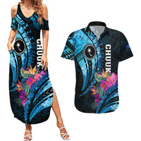Personalised FSM Chuuk State Couples Matching Summer Maxi Dress and Hawaiian Shirt Tropical Flowers Tribal Pattern LT05 Blue - Polynesian Pride