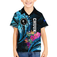 Personalised FSM Chuuk State Kid Hawaiian Shirt Tropical Flowers Tribal Pattern LT05 Kid Blue - Polynesian Pride