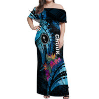 Personalised FSM Chuuk State Off Shoulder Maxi Dress Tropical Flowers Tribal Pattern LT05 Women Blue - Polynesian Pride