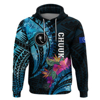 Personalised FSM Chuuk State Zip Hoodie Tropical Flowers Tribal Pattern LT05 Pullover Hoodie Blue - Polynesian Pride