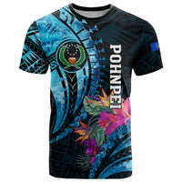 Personalised FSM Pohnpei State T Shirt Tropical Flowers Tribal Pattern LT05 Blue - Polynesian Pride