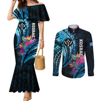 Personalised FSM Kosrae State Couples Matching Mermaid Dress and Long Sleeve Button Shirt Tropical Flowers Tribal Pattern LT05 Blue - Polynesian Pride