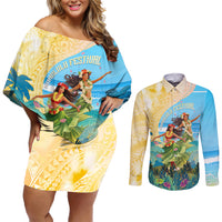 Personalised Hawaii Honolulu Festival Couples Matching Off Shoulder Short Dress and Long Sleeve Button Shirt Hula Girls Tropical Vibe LT05 Blue - Polynesian Pride