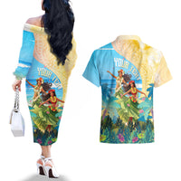 Personalised Hawaii Honolulu Festival Couples Matching Off The Shoulder Long Sleeve Dress and Hawaiian Shirt Hula Girls Tropical Vibe LT05 - Polynesian Pride