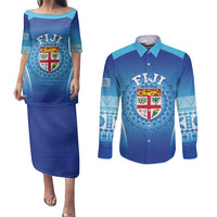Custom Fiji Football Couples Matching Puletasi and Long Sleeve Button Shirt Fijian Tapa Pattern LT05 Blue - Polynesian Pride