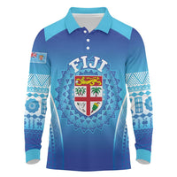 Custom Fiji Football Long Sleeve Polo Shirt Fijian Tapa Pattern LT05 Blue - Polynesian Pride