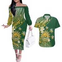 Cook Islands 15 Finest Couples Matching Off The Shoulder Long Sleeve Dress and Hawaiian Shirt Plumeria Polynesian Turtle