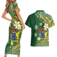 Cook Islands 15 Finest Couples Matching Short Sleeve Bodycon Dress and Hawaiian Shirt Plumeria Polynesian Turtle