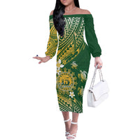 Cook Islands 15 Finest Off The Shoulder Long Sleeve Dress Plumeria Polynesian Turtle