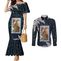 New Zealand Weka Couples Matching Mermaid Dress and Long Sleeve Button Shirt Maori Hen Koru Pattern LT05 Black - Polynesian Pride