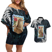 New Zealand Weka Couples Matching Off Shoulder Short Dress and Hawaiian Shirt Maori Hen Koru Pattern LT05 Black - Polynesian Pride