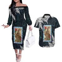 New Zealand Weka Couples Matching Off The Shoulder Long Sleeve Dress and Hawaiian Shirt Maori Hen Koru Pattern - Polynesian Pride