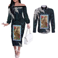 New Zealand Weka Couples Matching Off The Shoulder Long Sleeve Dress and Long Sleeve Button Shirt Maori Hen Koru Pattern LT05 Black - Polynesian Pride
