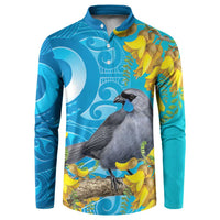 New Zealand Kokako Bird Button Sweatshirt Maori Koru With Kowhai Flowers - Polynesian Pride
