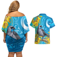 New Zealand Kokako Bird Couples Matching Off Shoulder Short Dress and Hawaiian Shirt Maori Koru With Kowhai Flowers - Polynesian Pride