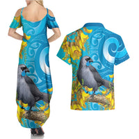 New Zealand Kokako Bird Couples Matching Summer Maxi Dress and Hawaiian Shirt Maori Koru With Kowhai Flowers - Polynesian Pride