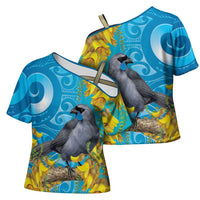 New Zealand Kokako Bird Cross Shoulder Shirt Maori Koru With Kowhai Flowers - Polynesian Pride