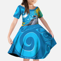New Zealand Kokako Bird Family Matching Mermaid Dress and Hawaiian Shirt Maori Koru With Kowhai Flowers LT05 Daughter's Dress Aqua - Polynesian Pride