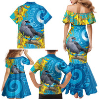 New Zealand Kokako Bird Family Matching Mermaid Dress and Hawaiian Shirt Maori Koru With Kowhai Flowers LT05 - Polynesian Pride