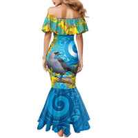 New Zealand Kokako Bird Family Matching Mermaid Dress and Hawaiian Shirt Maori Koru With Kowhai Flowers LT05 - Polynesian Pride