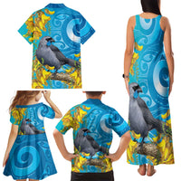 New Zealand Kokako Bird Family Matching Tank Maxi Dress and Hawaiian Shirt Maori Koru With Kowhai Flowers