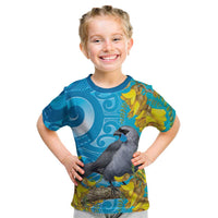 New Zealand Kokako Bird Kid T Shirt Maori Koru With Kowhai Flowers - Polynesian Pride