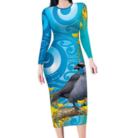 New Zealand Kokako Bird Long Sleeve Bodycon Dress Maori Koru With Kowhai Flowers - Polynesian Pride