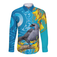 New Zealand Kokako Bird Long Sleeve Button Shirt Maori Koru With Kowhai Flowers - Polynesian Pride