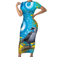 New Zealand Kokako Bird Short Sleeve Bodycon Dress Maori Koru With Kowhai Flowers LT05 Long Dress Aqua - Polynesian Pride
