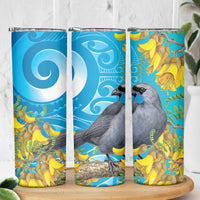 New Zealand Kokako Bird Skinny Tumbler Maori Koru With Kowhai Flowers - Polynesian Pride