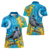 New Zealand Kokako Bird Women Polo Shirt Maori Koru With Kowhai Flowers - Polynesian Pride
