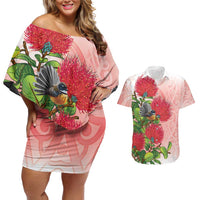 New Zealand Fantail Couples Matching Off Shoulder Short Dress and Hawaiian Shirt Maori Koru With Pohutukawa Flowers - Polynesian Pride