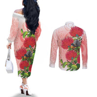 New Zealand Fantail Couples Matching Off The Shoulder Long Sleeve Dress and Long Sleeve Button Shirt Maori Koru With Pohutukawa Flowers - Polynesian Pride