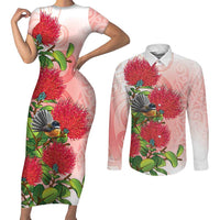 New Zealand Fantail Couples Matching Short Sleeve Bodycon Dress and Long Sleeve Button Shirt Maori Koru With Pohutukawa Flowers - Polynesian Pride