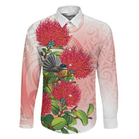 New Zealand Fantail Family Matching Off The Shoulder Long Sleeve Dress and Hawaiian Shirt Maori Koru With Pohutukawa Flowers