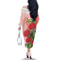 New Zealand Fantail Family Matching Off The Shoulder Long Sleeve Dress and Hawaiian Shirt Maori Koru With Pohutukawa Flowers
