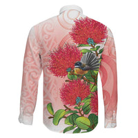 New Zealand Fantail Family Matching Short Sleeve Bodycon Dress and Hawaiian Shirt Maori Koru With Pohutukawa Flowers