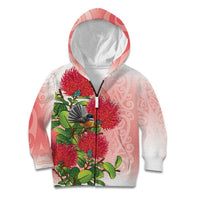 New Zealand Fantail Kid Hoodie Maori Koru With Pohutukawa Flowers LT05 Zip Hoodie Red - Polynesian Pride