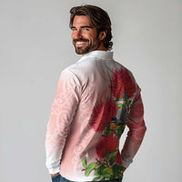 New Zealand Fantail Long Sleeve Polo Shirt Maori Koru With Pohutukawa Flowers - Polynesian Pride