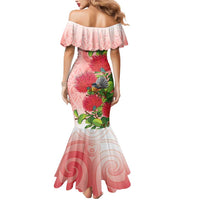 New Zealand Fantail Mermaid Dress Maori Koru With Pohutukawa Flowers LT05 - Polynesian Pride