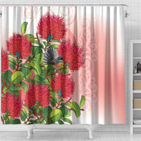 New Zealand Fantail Shower Curtain Maori Koru With Pohutukawa Flowers - Polynesian Pride