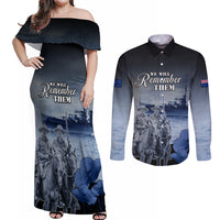 New Zealand ANZAC Day Couples Matching Off Shoulder Maxi Dress and Long Sleeve Button Shirt HMNZS Achilles We Will Remember Them LT05 Blue - Polynesian Pride