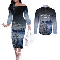 New Zealand ANZAC Day Couples Matching Off The Shoulder Long Sleeve Dress and Long Sleeve Button Shirt HMNZS Achilles We Will Remember Them LT05 Blue - Polynesian Pride