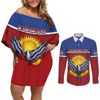 Kiribati 45th Independence Day Couples Matching Off Shoulder Short Dress and Long Sleeve Button Shirt Lesser Frigatebird Tribal Pattern LT05 Red - Polynesian Pride