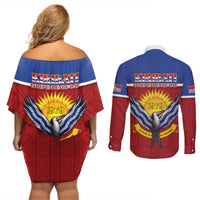 Kiribati 45th Independence Day Couples Matching Off Shoulder Short Dress and Long Sleeve Button Shirt Lesser Frigatebird Tribal Pattern LT05 - Polynesian Pride