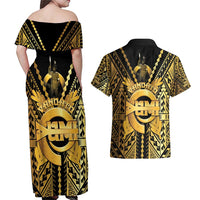 Vanuatu 45th Anniversary Of Independence Couples Matching Off Shoulder Maxi Dress and Hawaiian Shirt Gold Style - Polynesian Pride