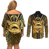 Vanuatu 46th Anniversary Of Independence Couples Matching Off Shoulder Short Dress and Long Sleeve Button Shirt Gold Style LT05 - Polynesian Pride