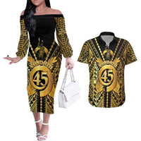 Vanuatu 46th Anniversary Of Independence Couples Matching Off The Shoulder Long Sleeve Dress and Hawaiian Shirt Gold Style LT05 Gold - Polynesian Pride