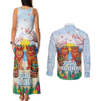 Hawaii And Japan Okinawa Couples Matching Tank Maxi Dress and Long Sleeve Button Shirt Aloha Gozaimasu Tiki With Shisa